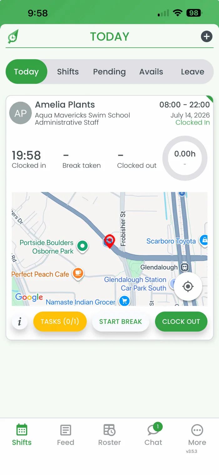 RosterElf app Today tab showing a shift card with a Tasks (0/1) button