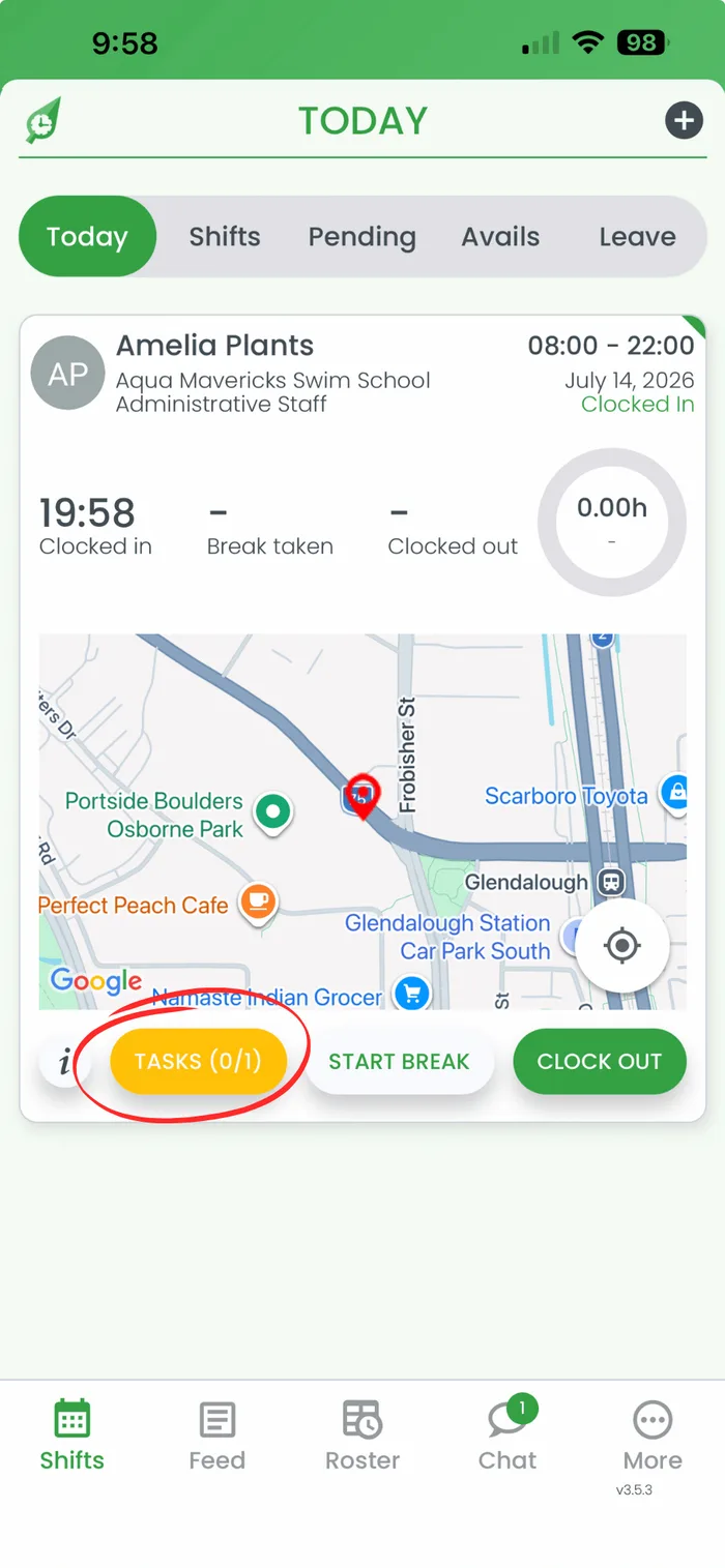 RosterElf app Today tab with the Tasks button circled in red on a shift card