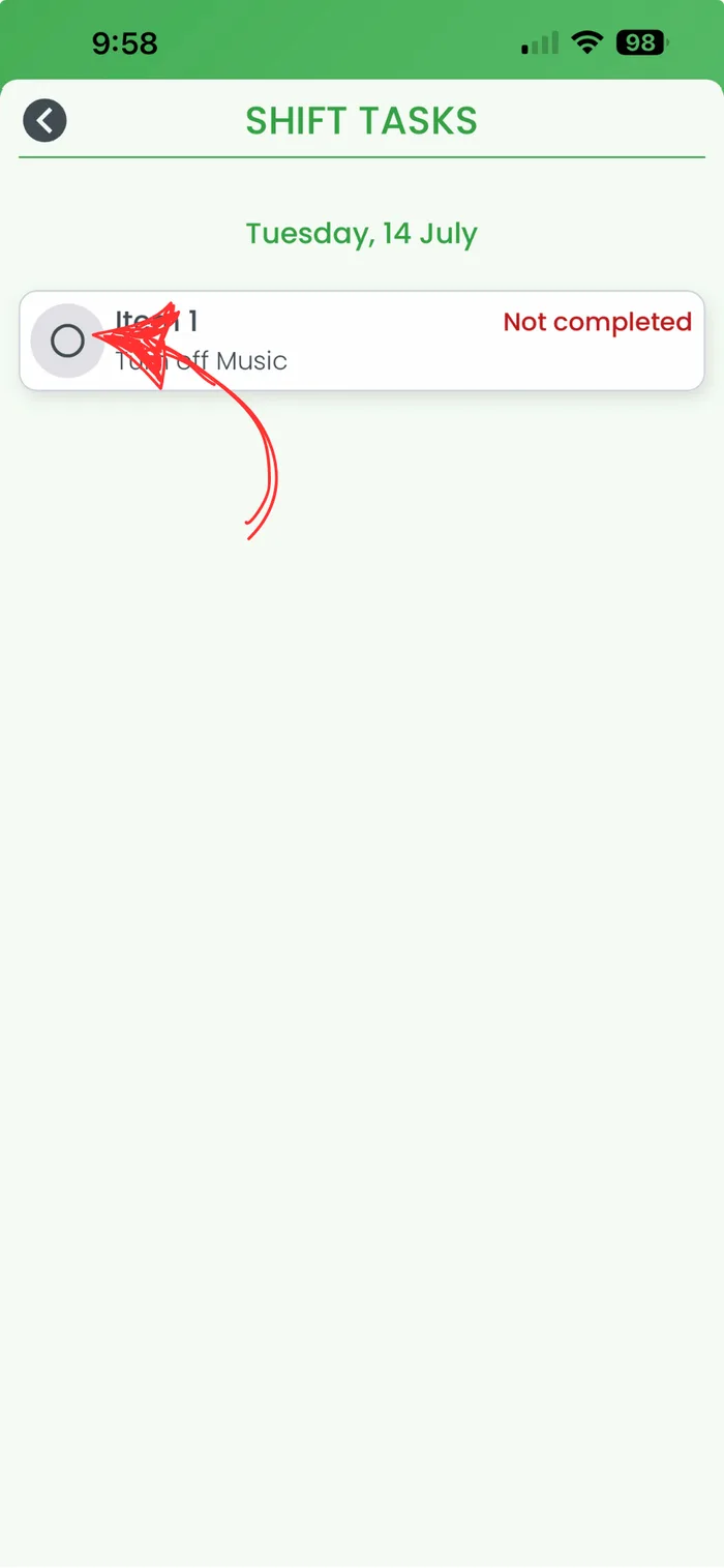 RosterElf Shift Tasks screen with a red arrow pointing to the checkbox beside an incomplete task