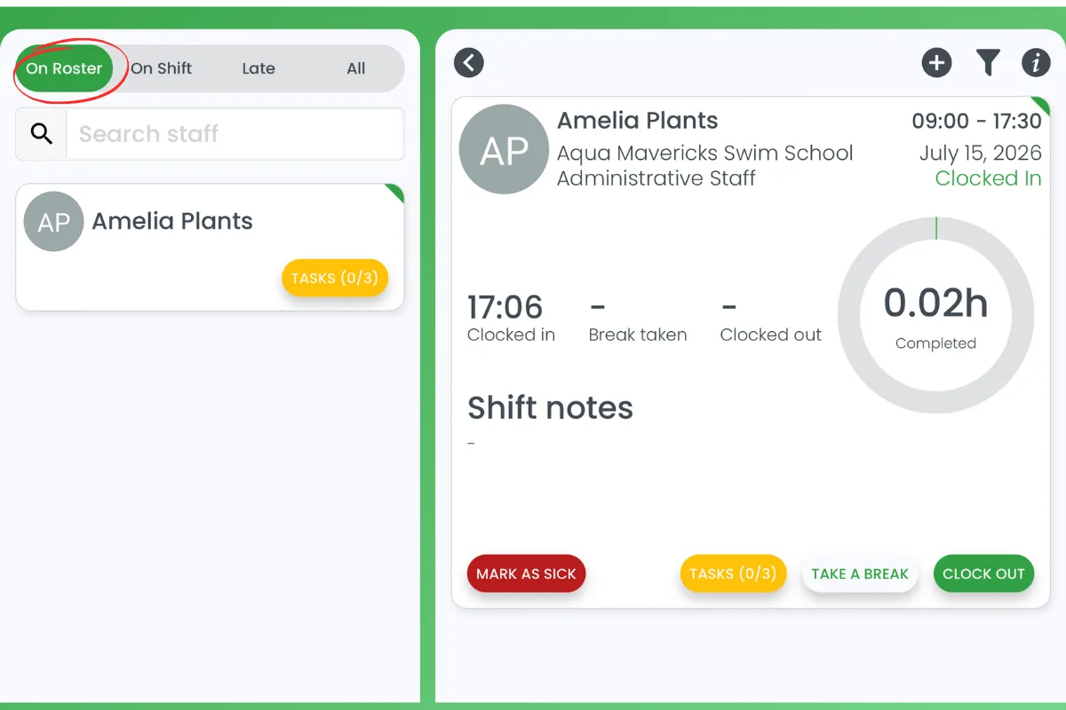 RosterElf Timeclock app with the On Roster tab circled in red and a staff row showing a Tasks (0/3) button