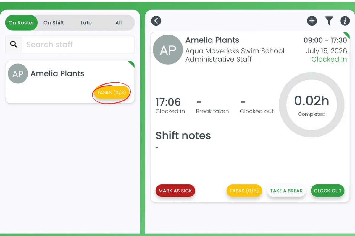 RosterElf Timeclock app with the Tasks (0/3) button circled in red on a staff row