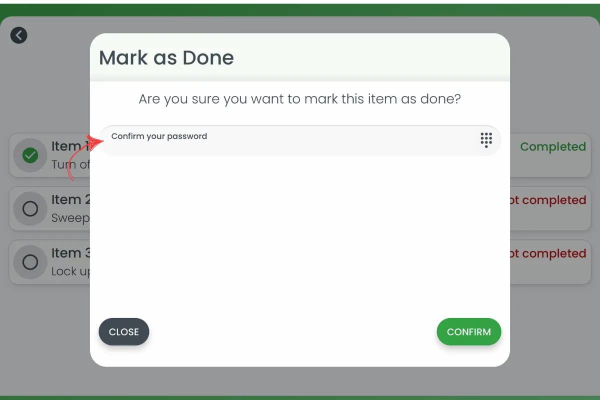 RosterElf Timeclock Mark as Done popup with a red arrow pointing to the Confirm your password field