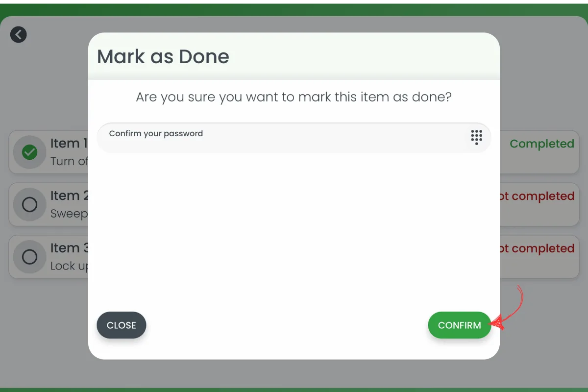 RosterElf Timeclock Mark as Done popup with the Confirm button circled in red