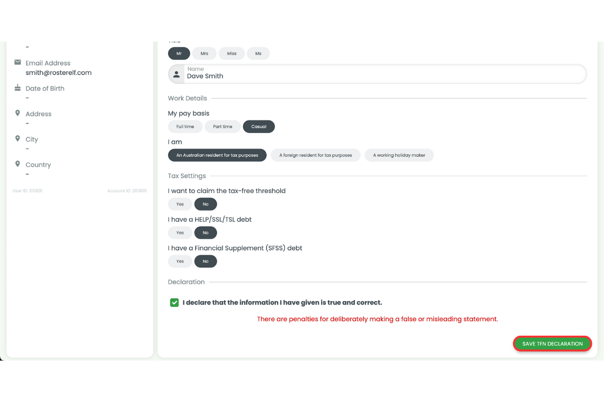 Save TFN Declaration button