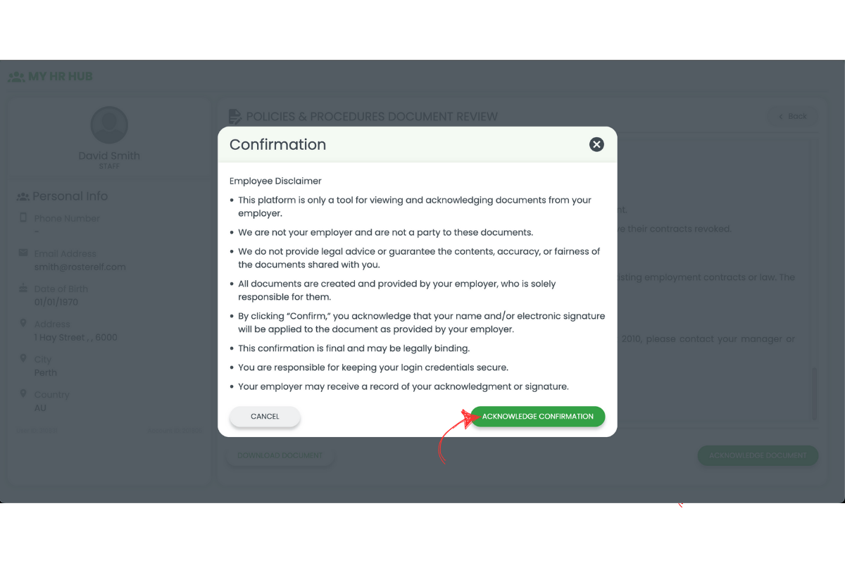 Acknowledge Confirmation button