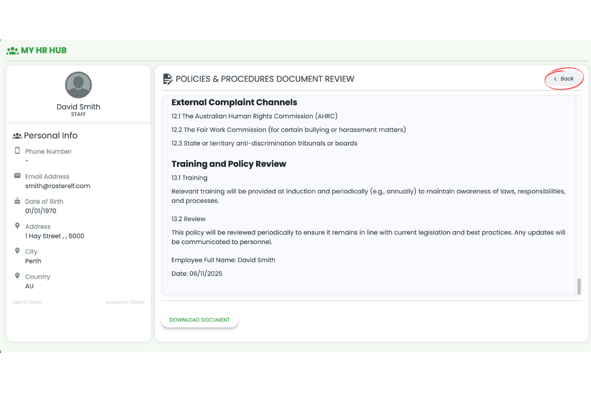 Back button and policy list
