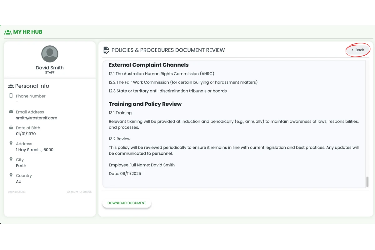 Back button and policy list