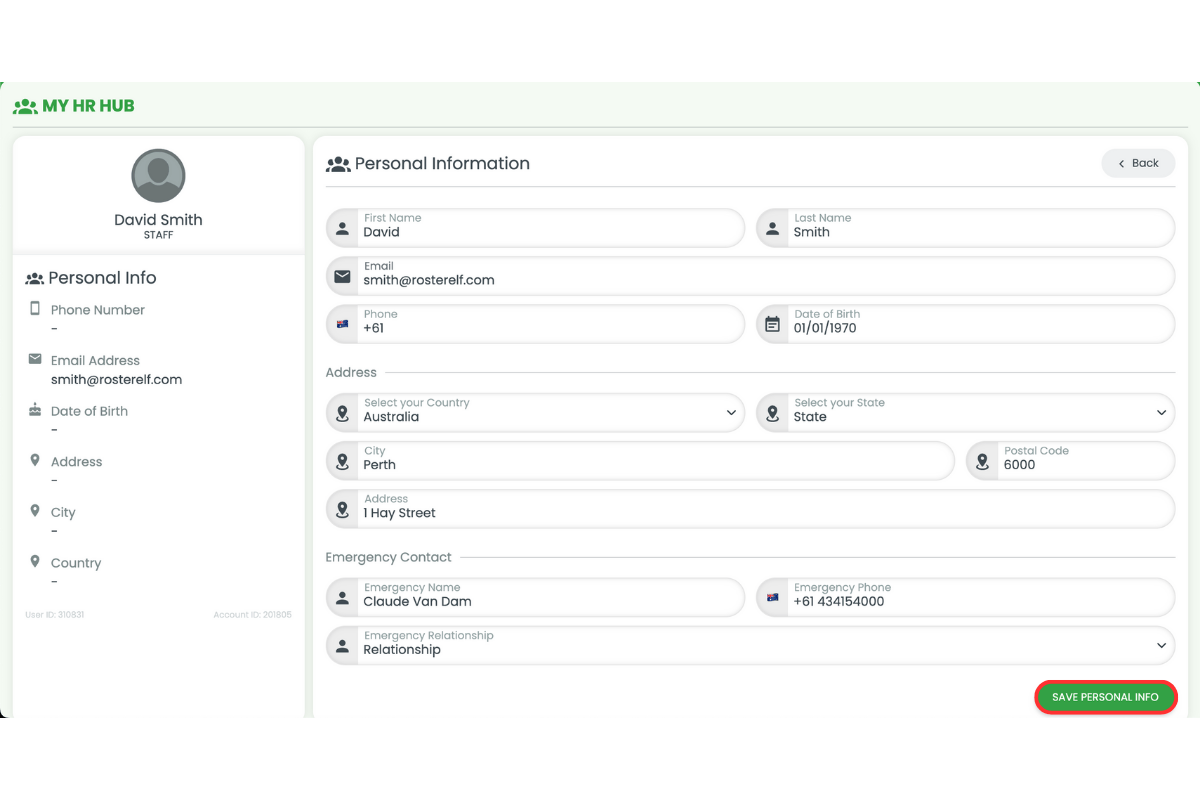 Save Personal Info button