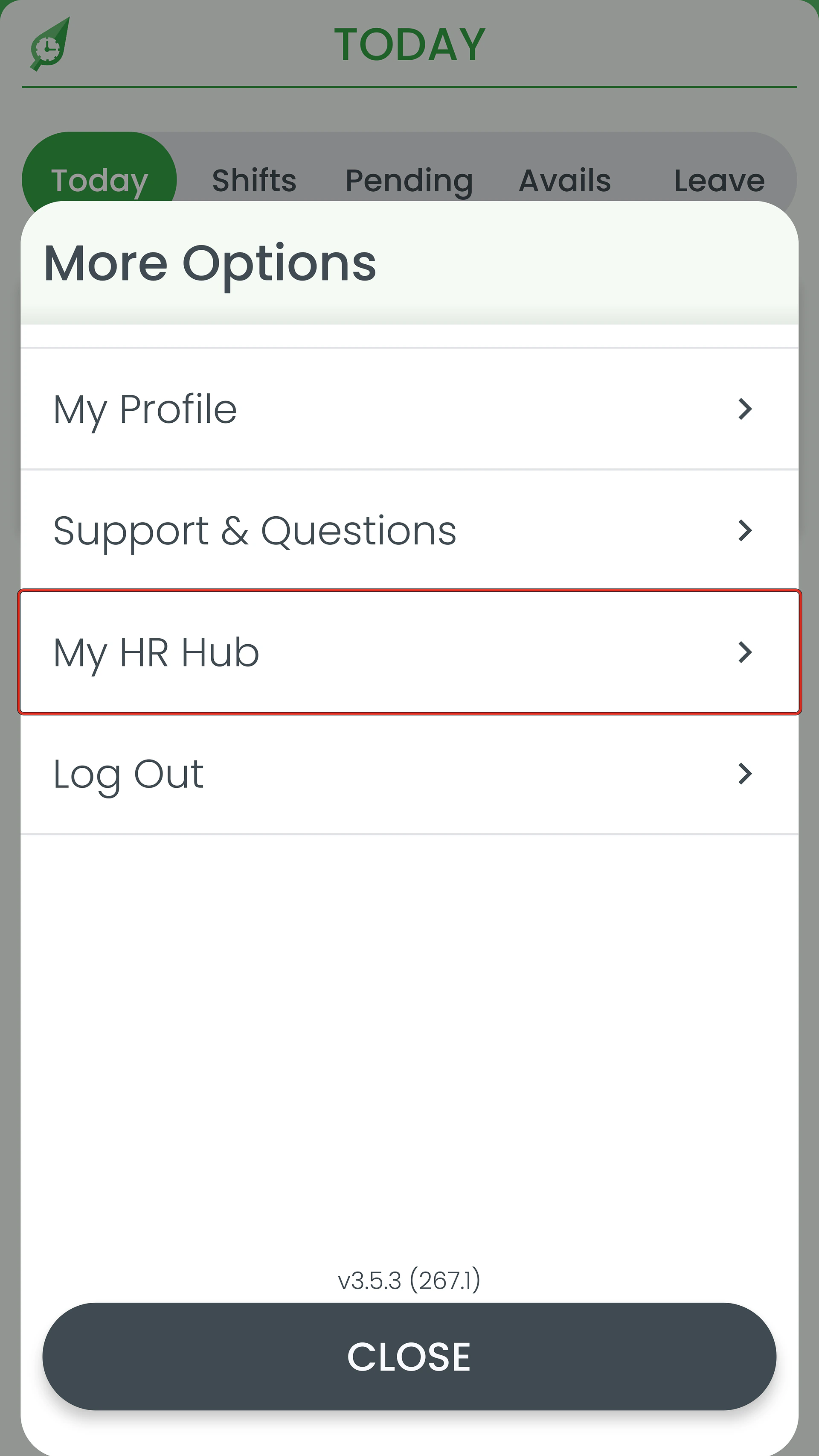 RosterElf app's More menu with My HR Hub ringed