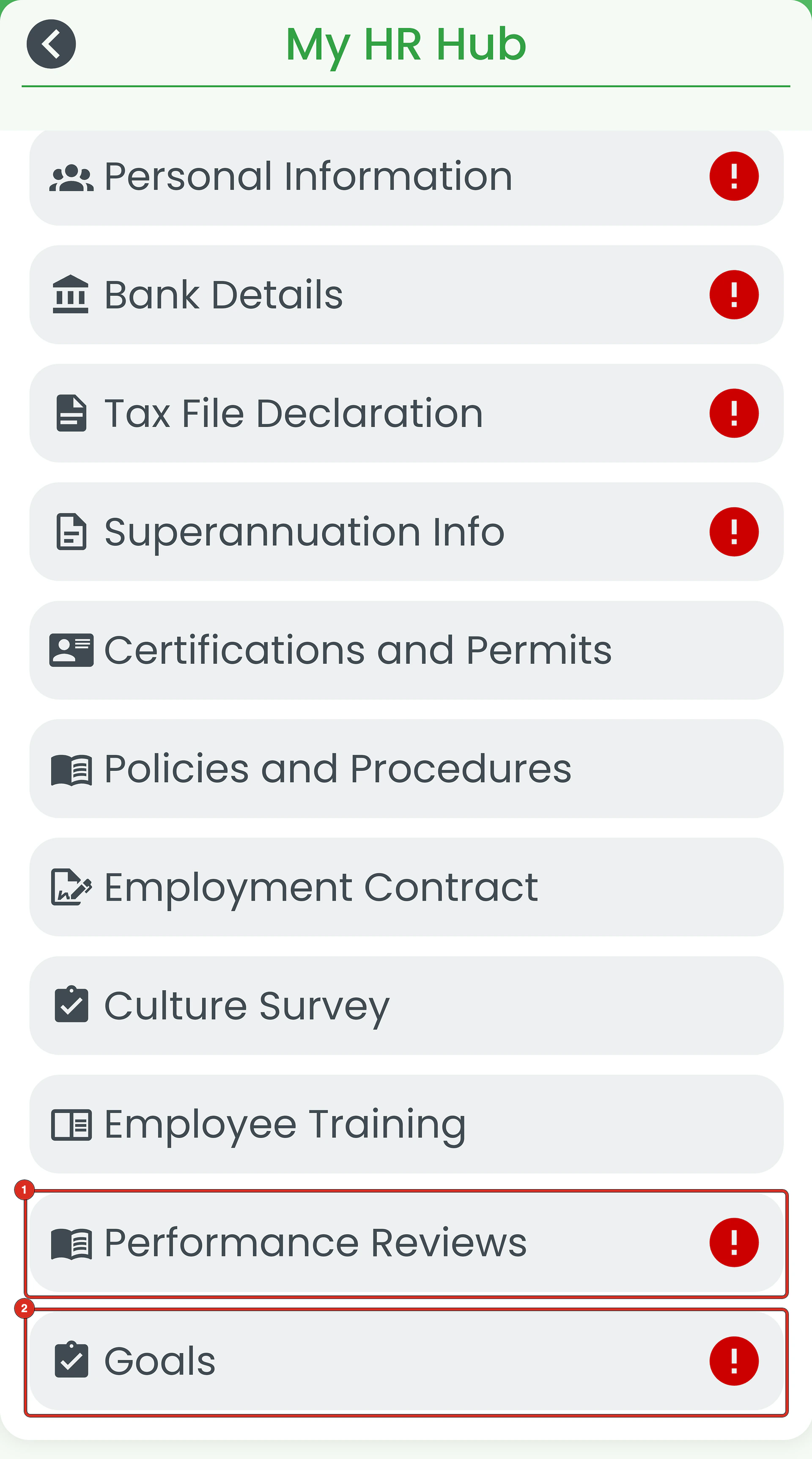 My HR Hub tile list with Performance Reviews and Goals ringed, each flagged