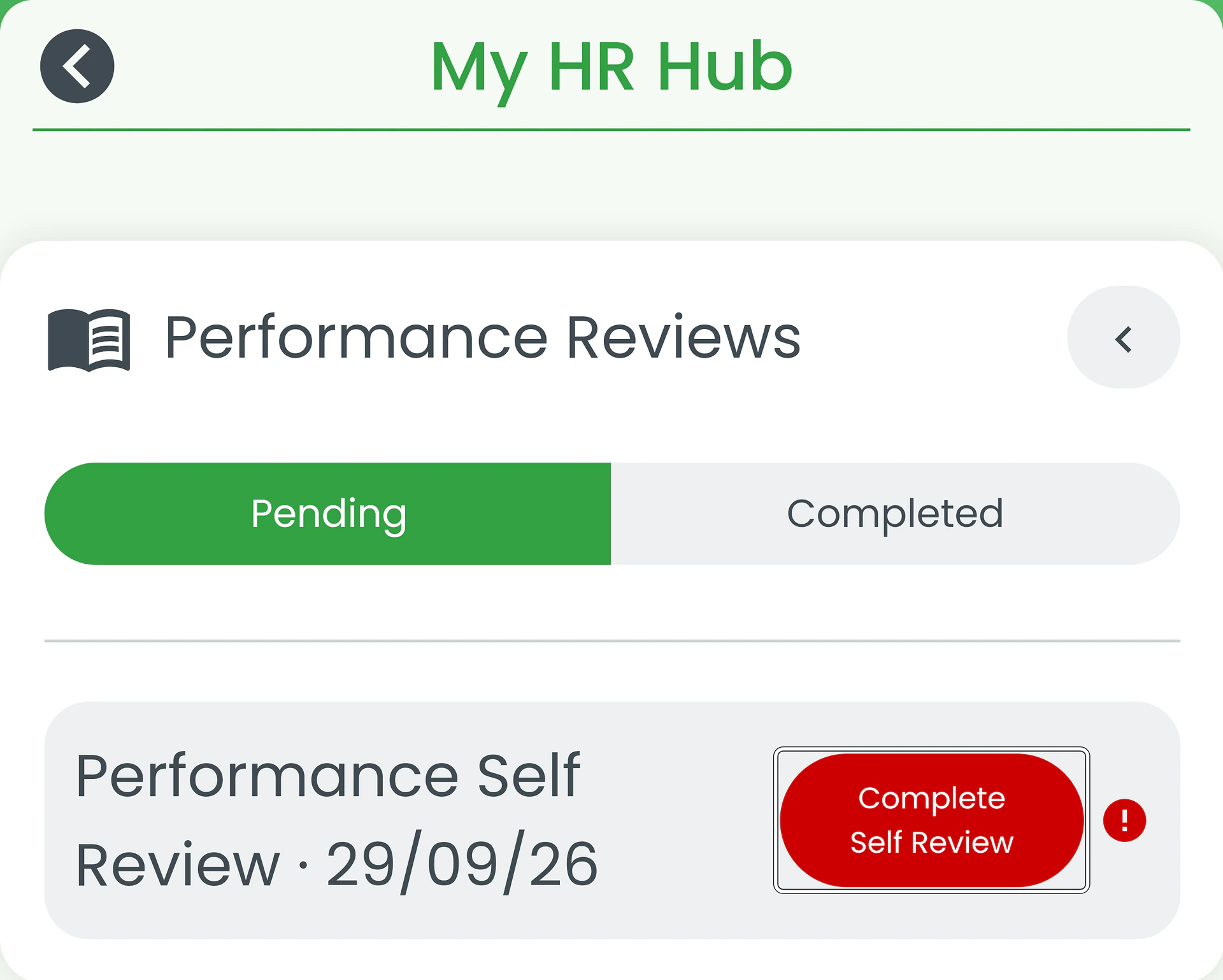 Performance Reviews list with a pending self-review and Complete Self Review ringed
