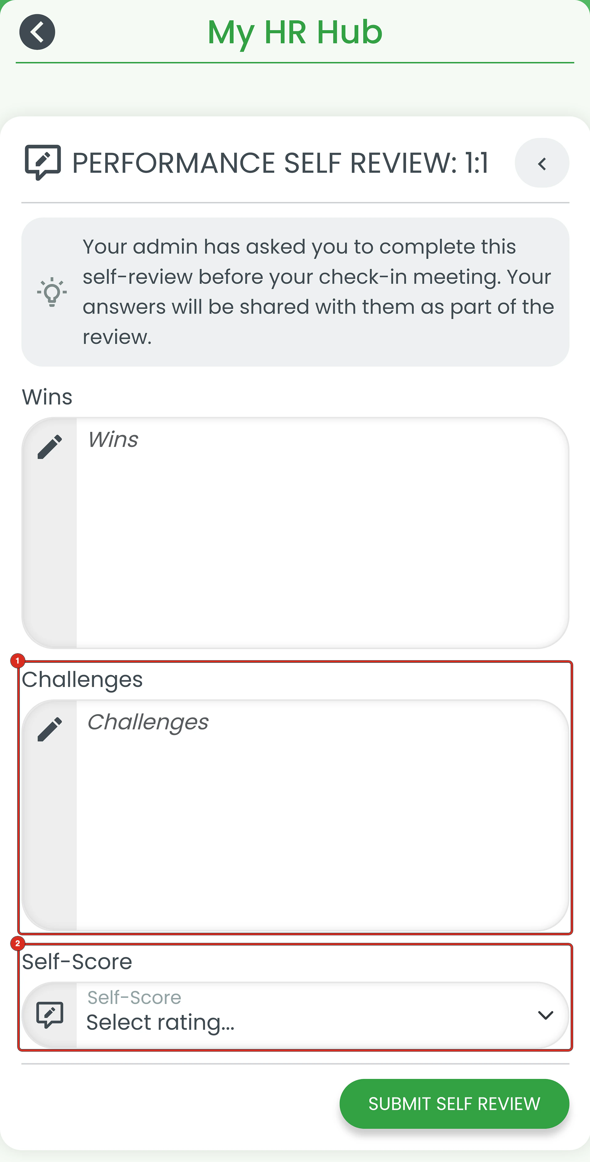 Performance Self Review form with Challenges and the Self-Score dropdown ringed