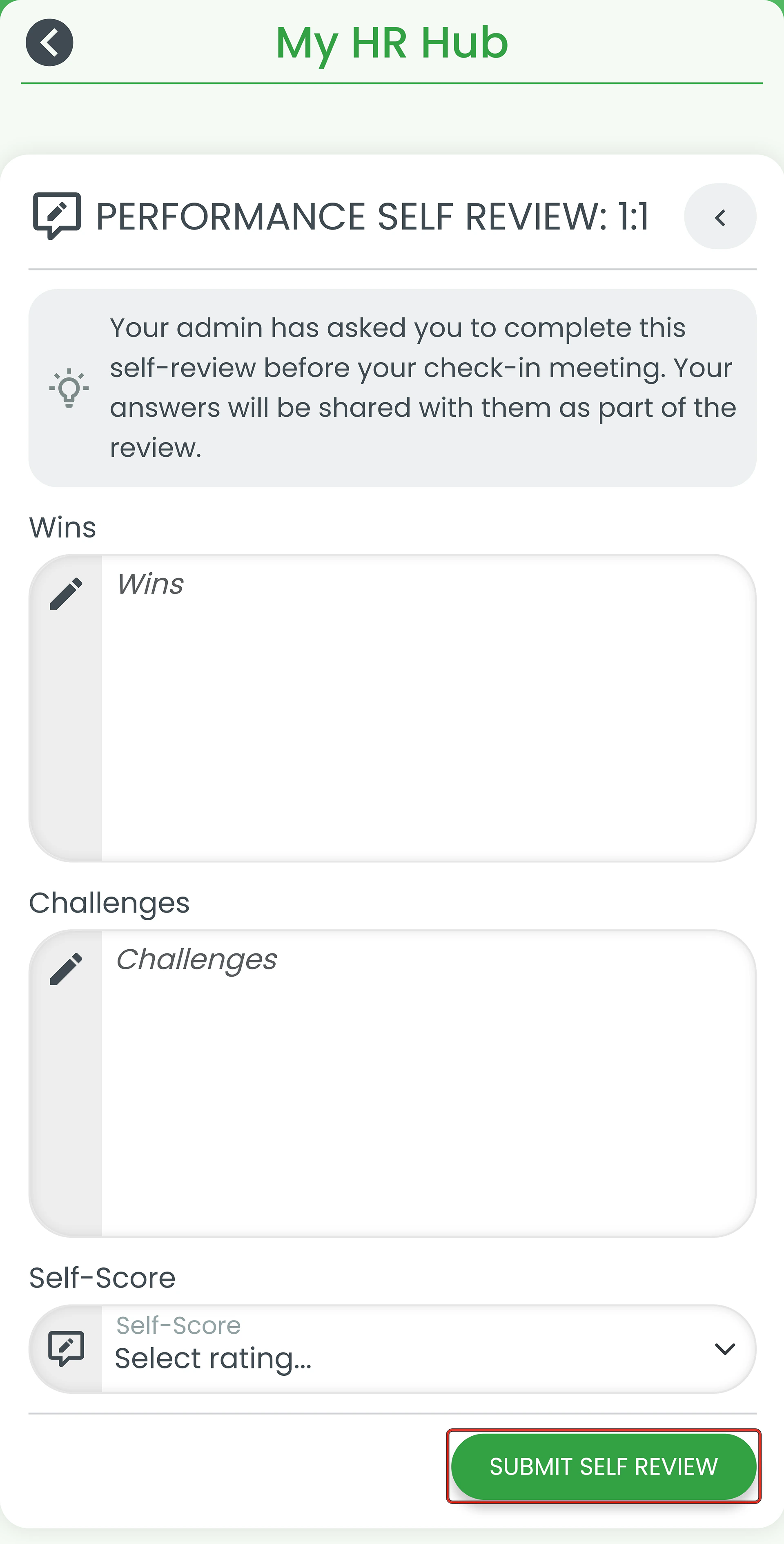 Performance Self Review form with the Submit Self Review button ringed
