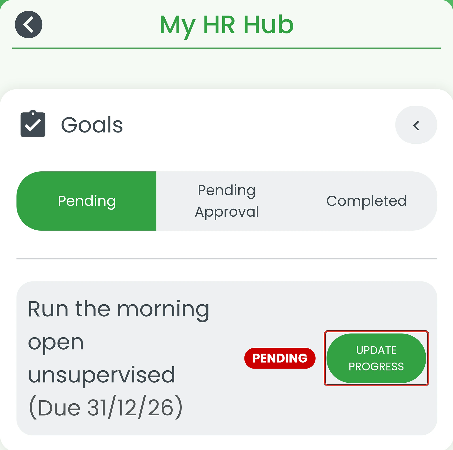 Goals list with a pending goal and Update Progress ringed
