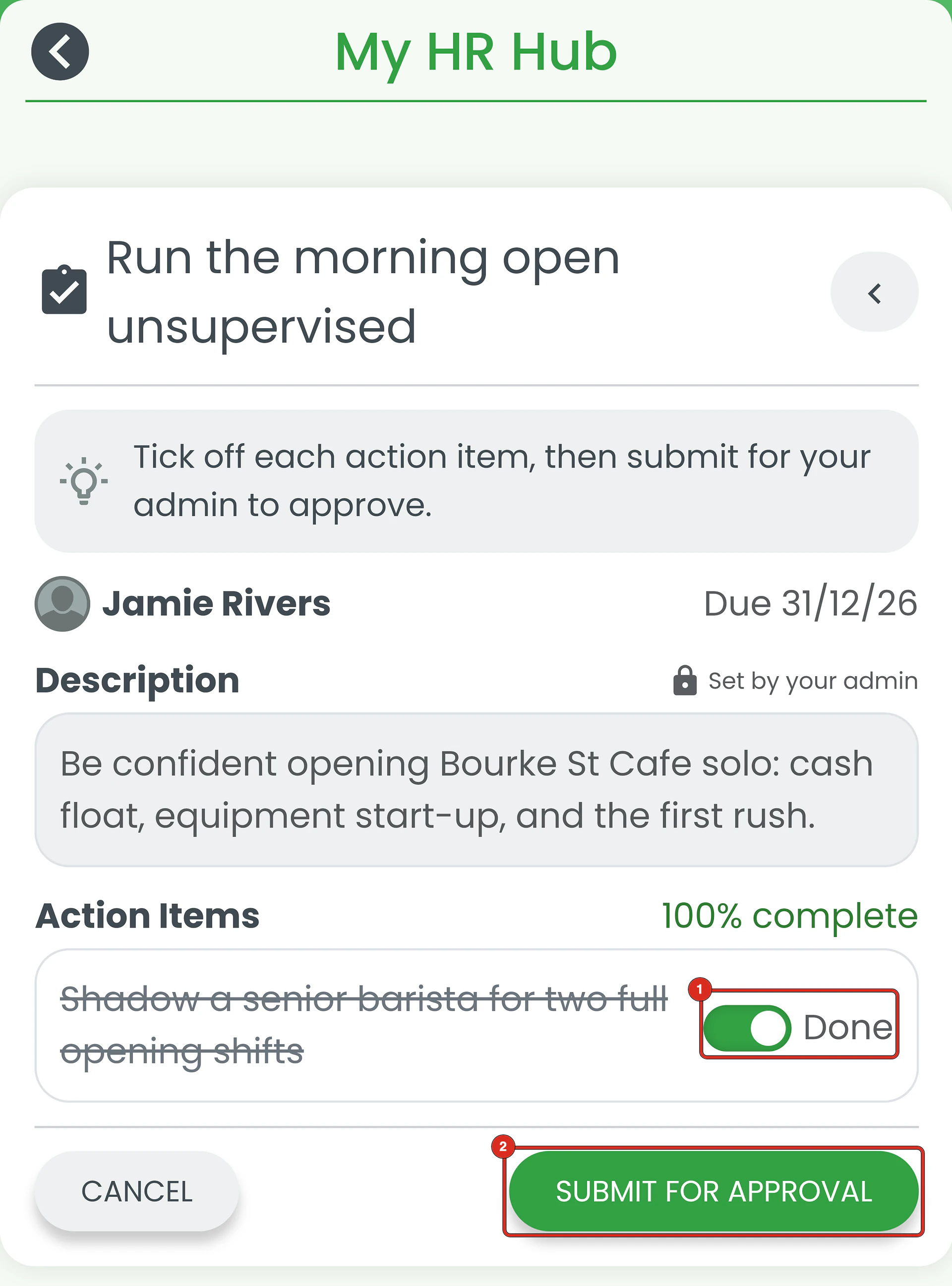 Goal detail with its action item ticked Done and the Submit For Approval button ringed