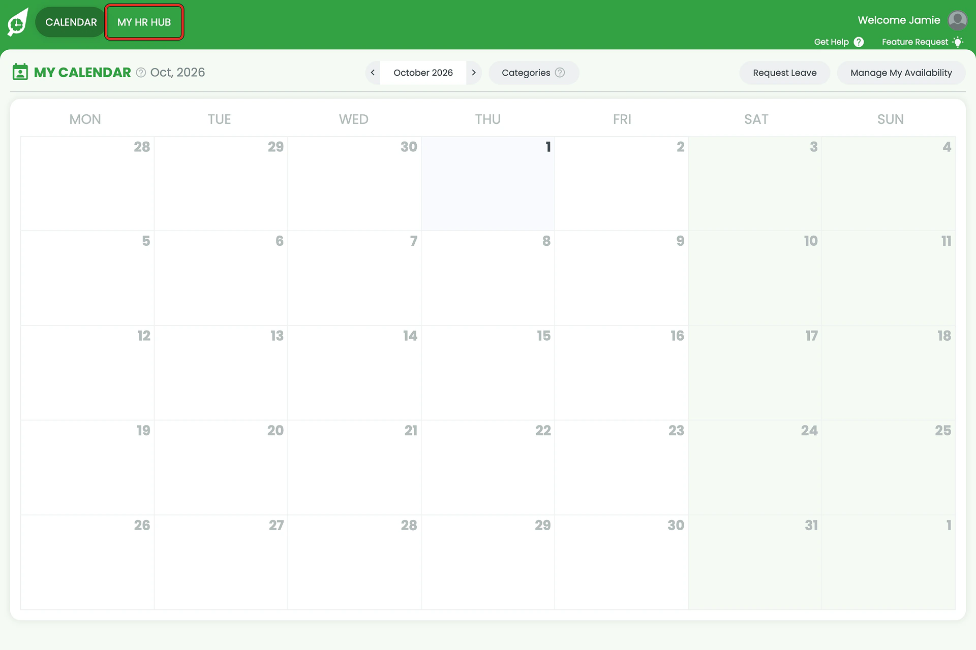 RosterElf top navigation with MY HR HUB ringed beside CALENDAR