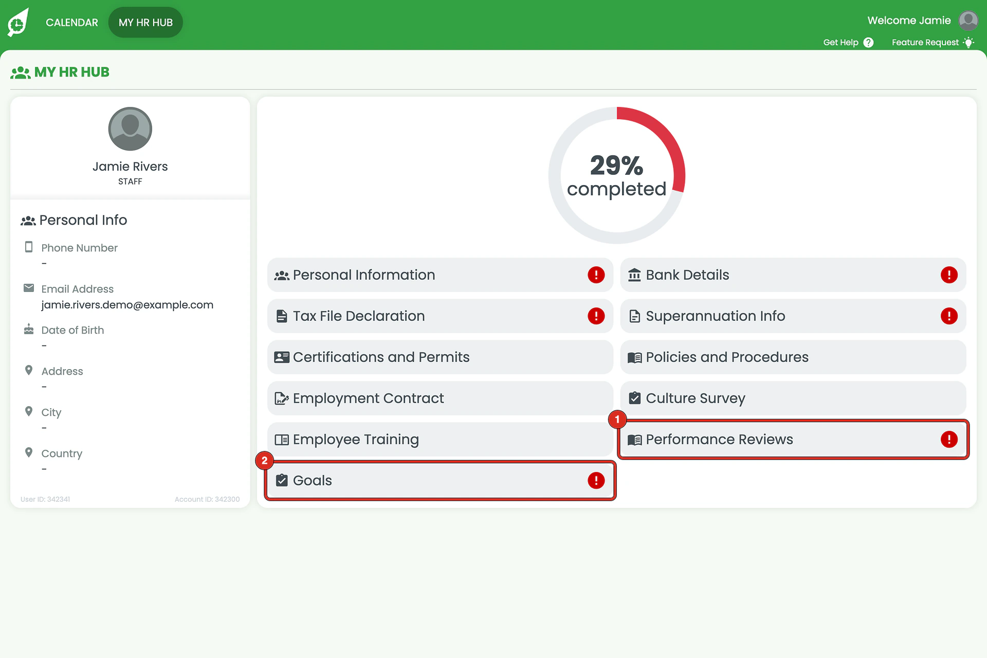 My HR Hub tile grid with Performance Reviews and Goals ringed, each flagged