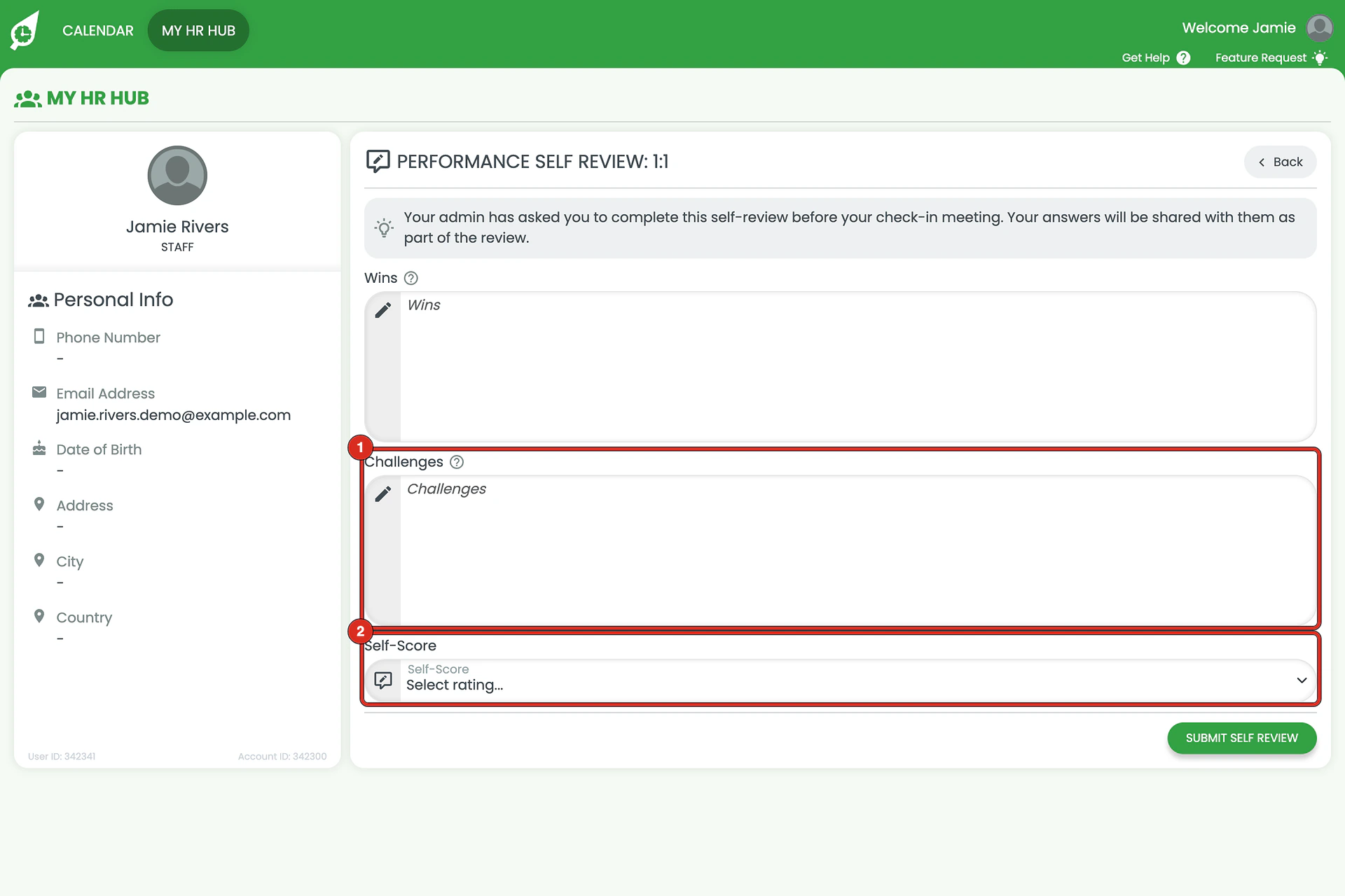 Performance Self Review form with Challenges and the Self-Score dropdown ringed