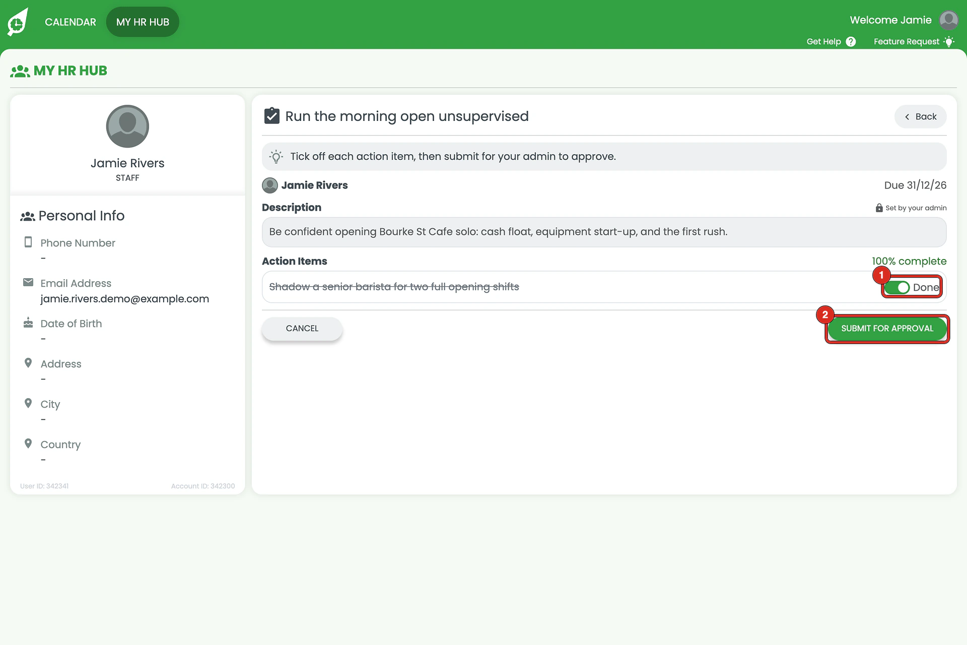 Goal detail with its action item ticked Done and the Submit For Approval button ringed