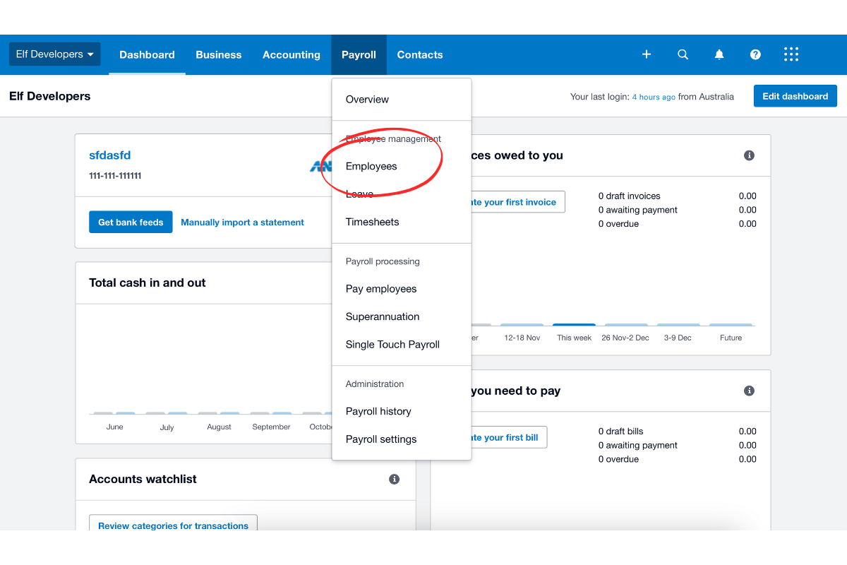 Xero Employees tab under Payroll Settings
