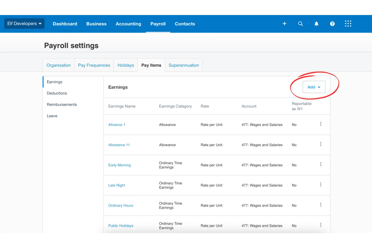 Screenshot showing how to add a new pay item in Xero