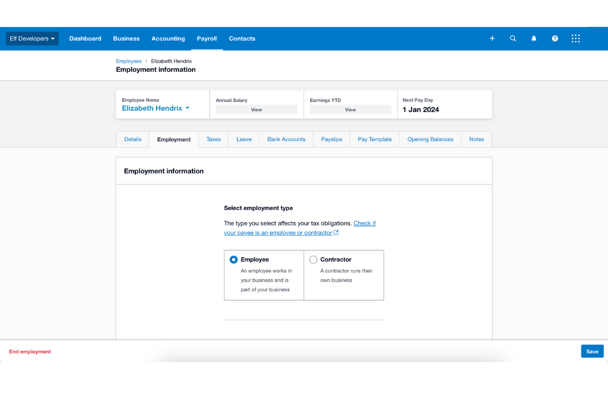 View of an Employee's Employment details in Xero