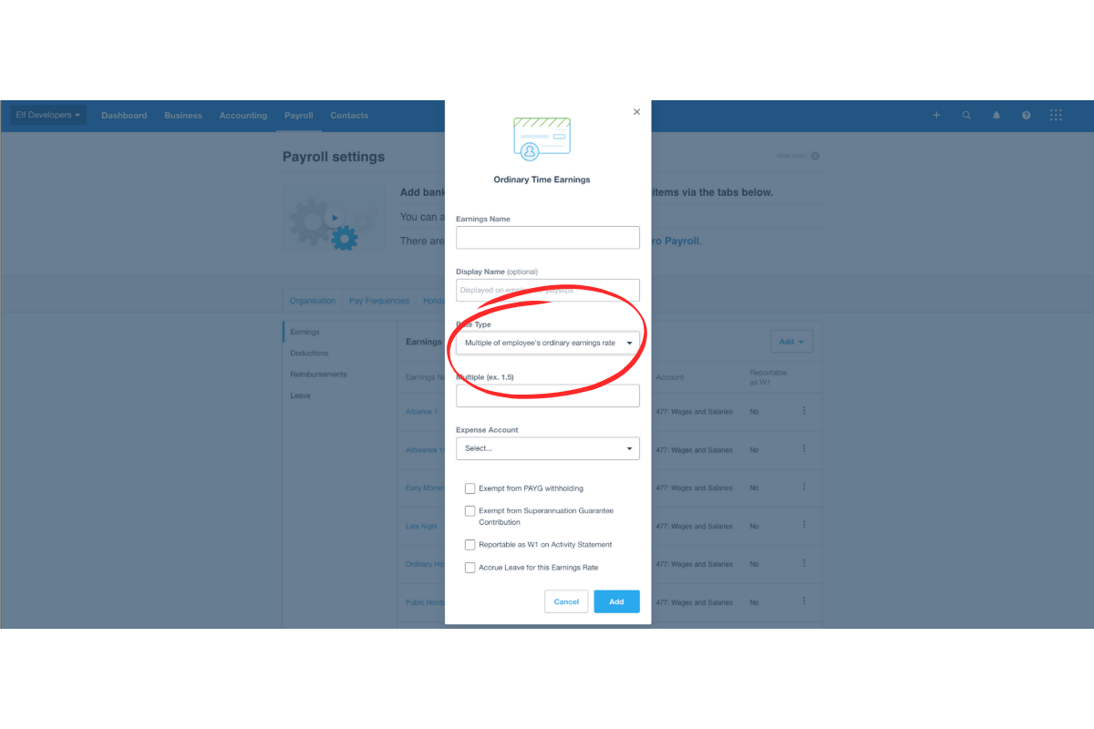 Screenshot showing a multiplier-based pay item setup in Xero