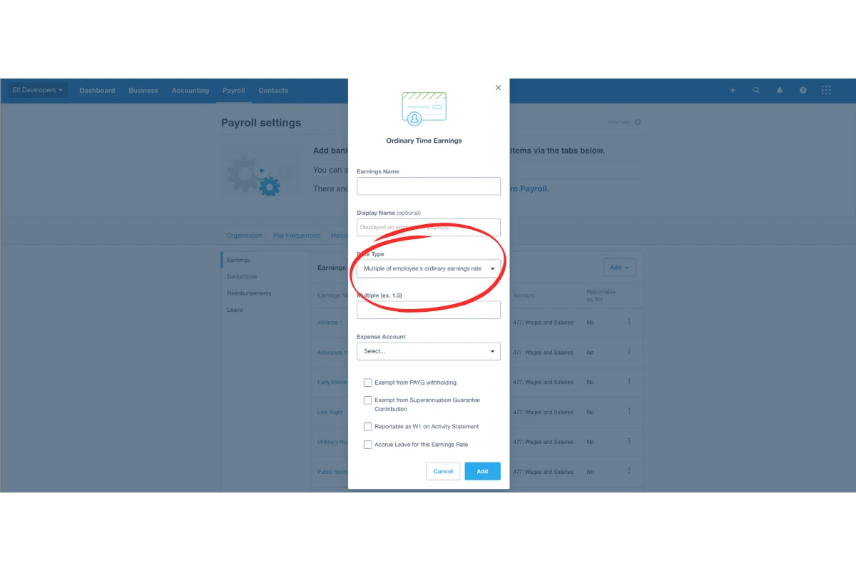 Screenshot showing a multiplier-based pay item setup in Xero