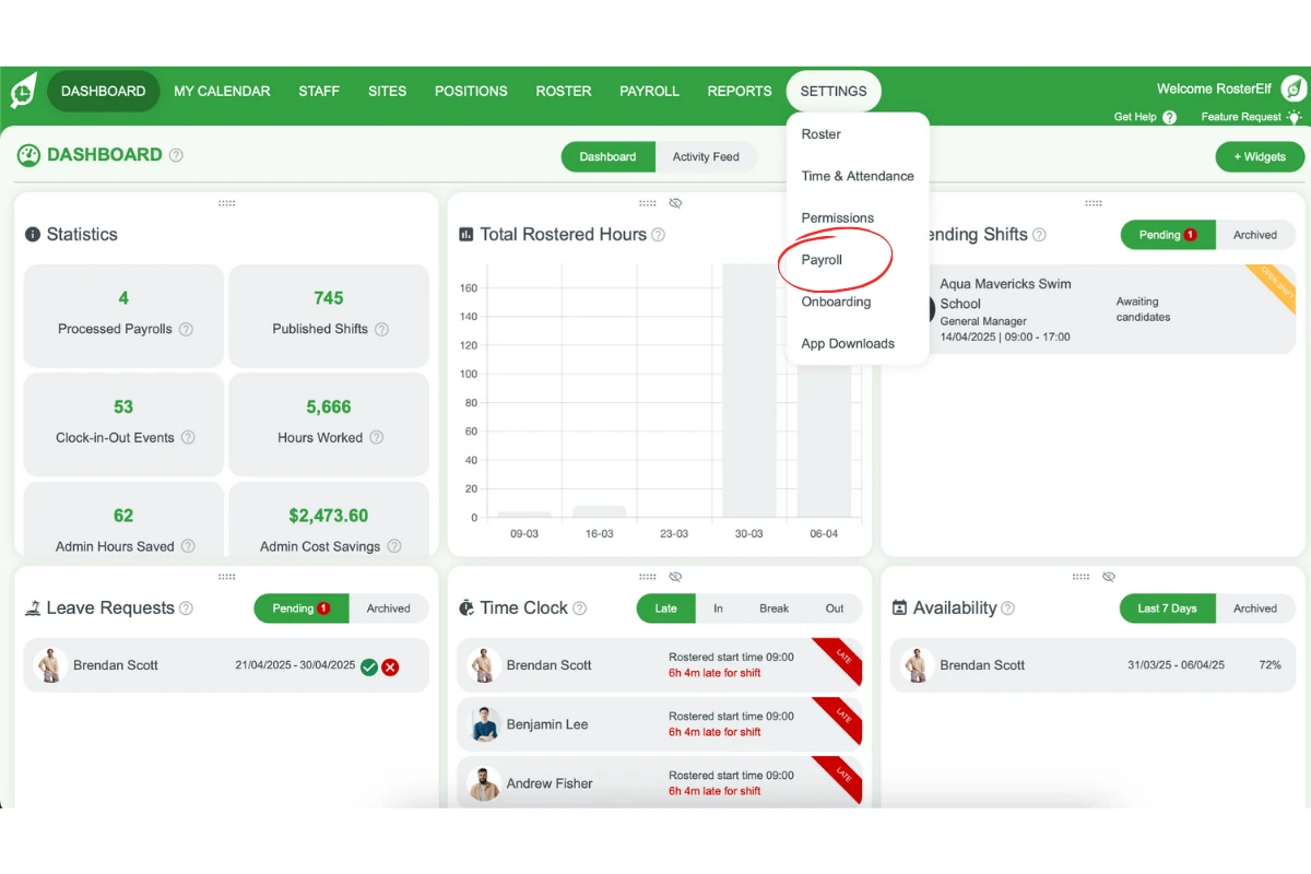 Screenshot of RosterElf Settings - Payroll section