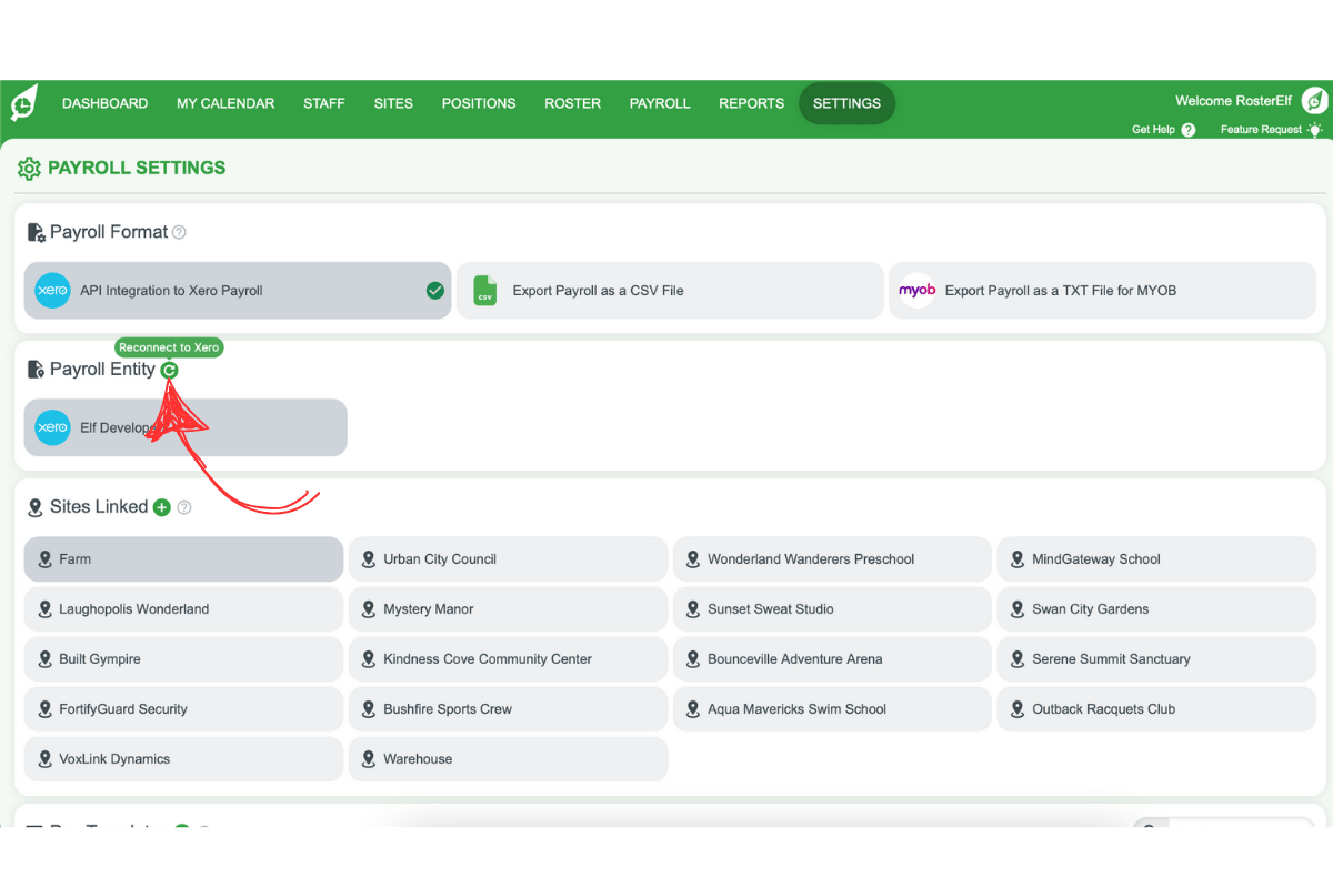Screenshot showing the Reconnect to Xero button in RosterElf