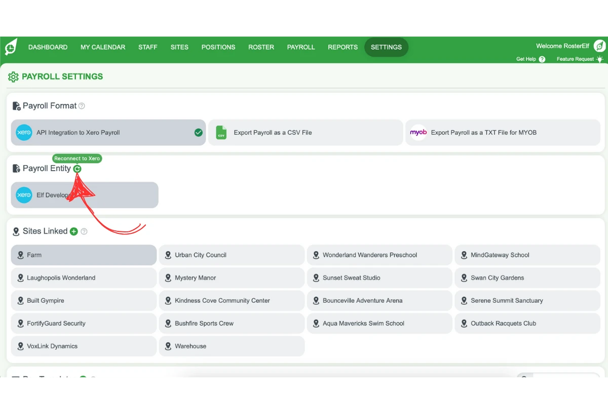 Screenshot showing the Reconnect to Xero button in RosterElf