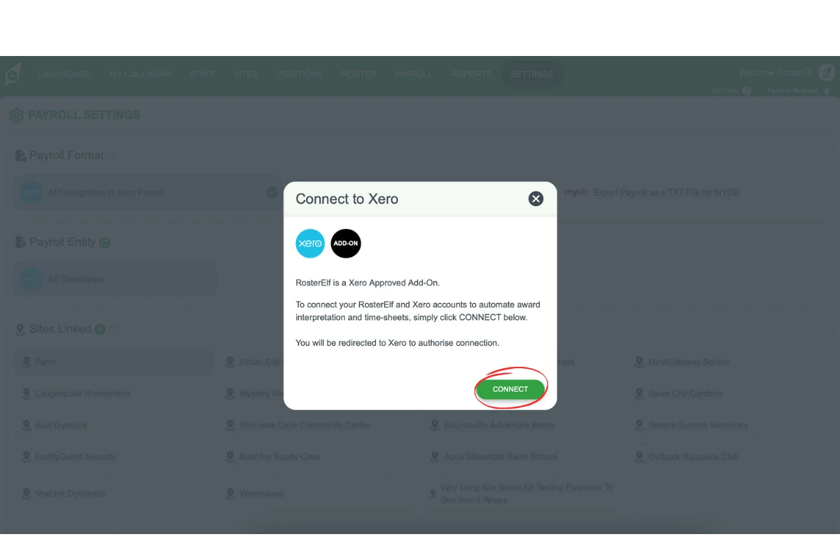 Xero login screen after redirect from RosterElf