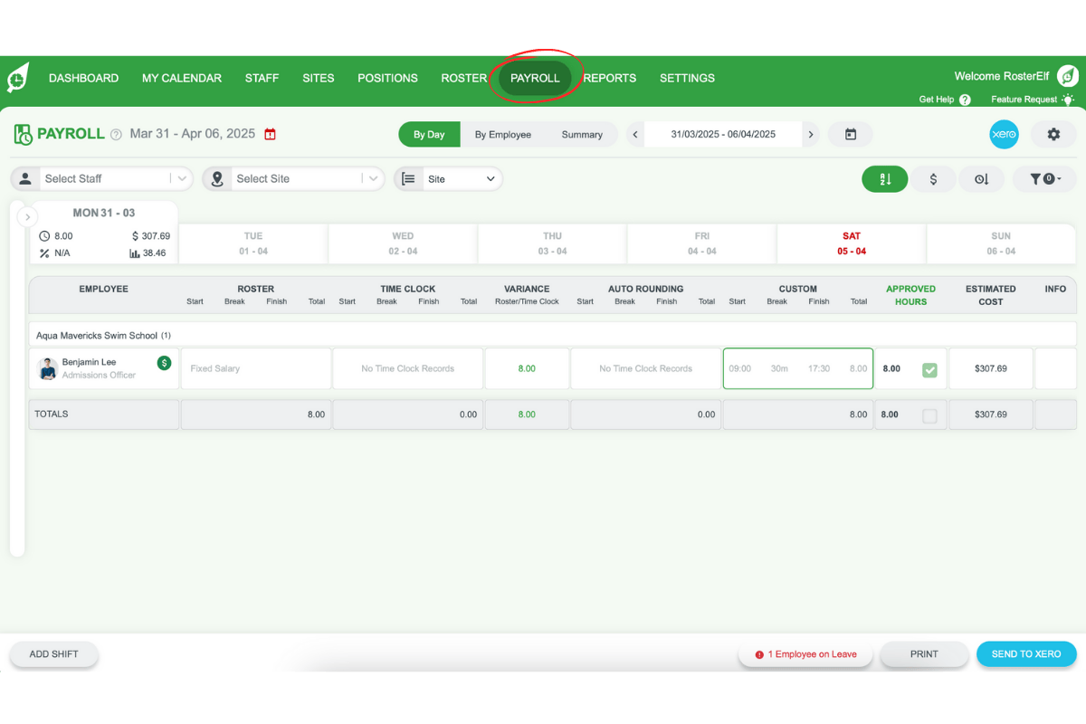 Screenshot showing RosterElf's Payroll tab