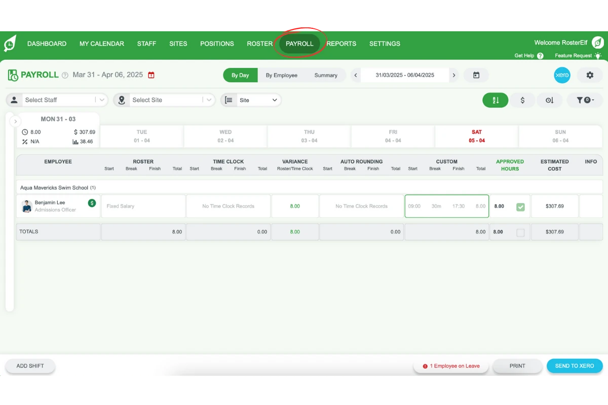 Screenshot showing RosterElf's Payroll tab