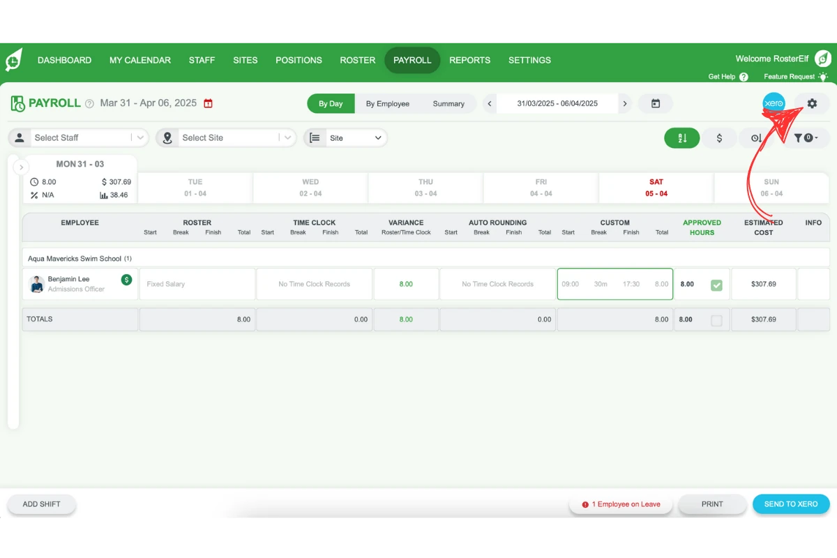 Screenshot highlighting the Settings gear in RosterElf's Payroll section