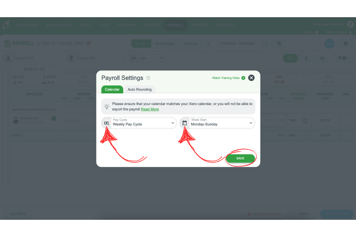 Screenshot of the Save button in RosterElf's Payroll Settings