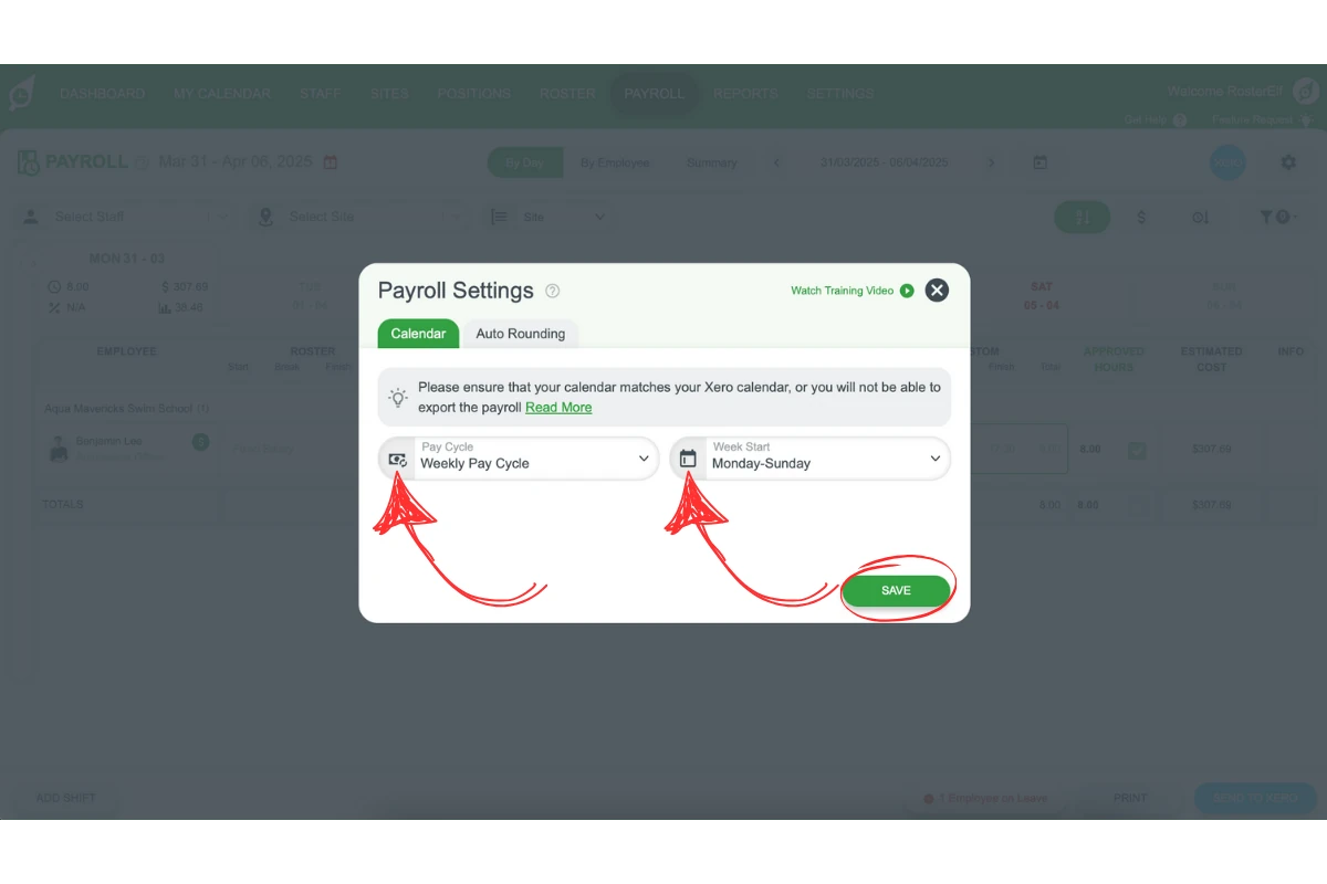 Screenshot of the Save button in RosterElf's Payroll Settings