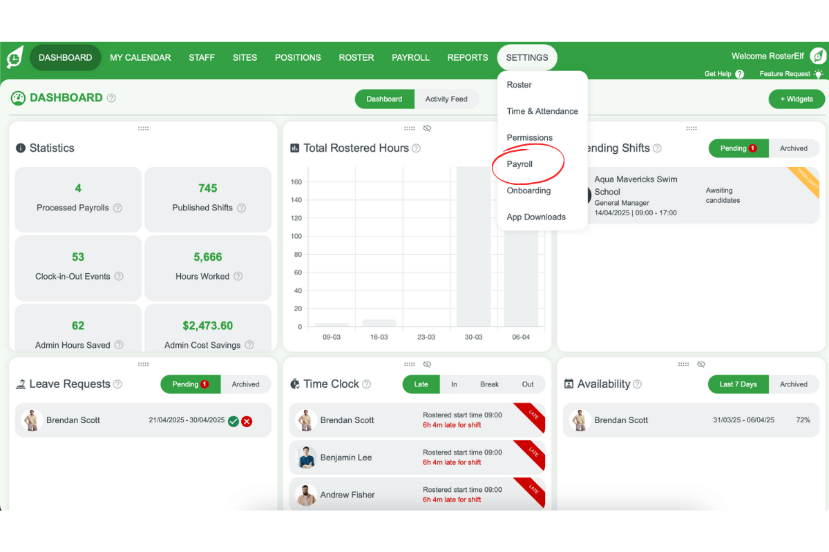 Screenshot highlighting Settings - Payroll in Xero