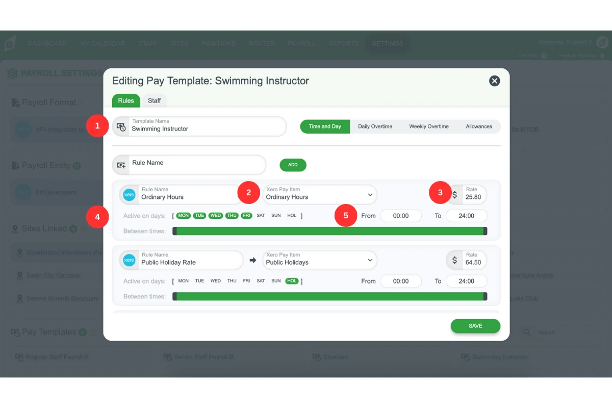 Screenshot with details on how to create and configure a pay template