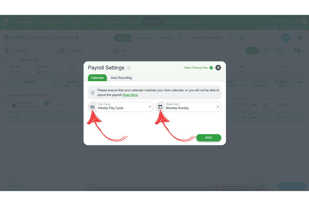 Screenshot displaying the Pay Calendar dropdown in RosterElf