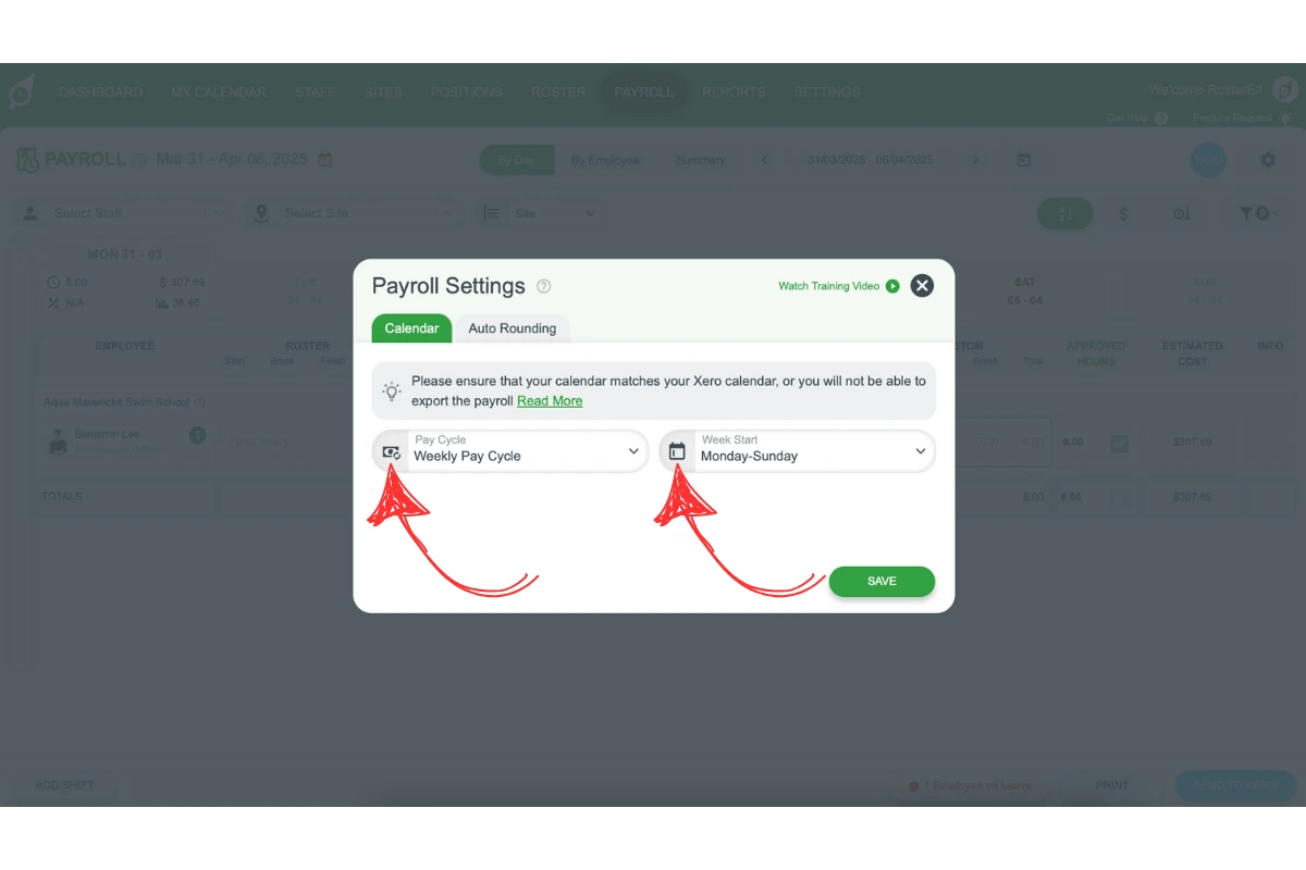 Screenshot displaying the Pay Calendar dropdown in RosterElf