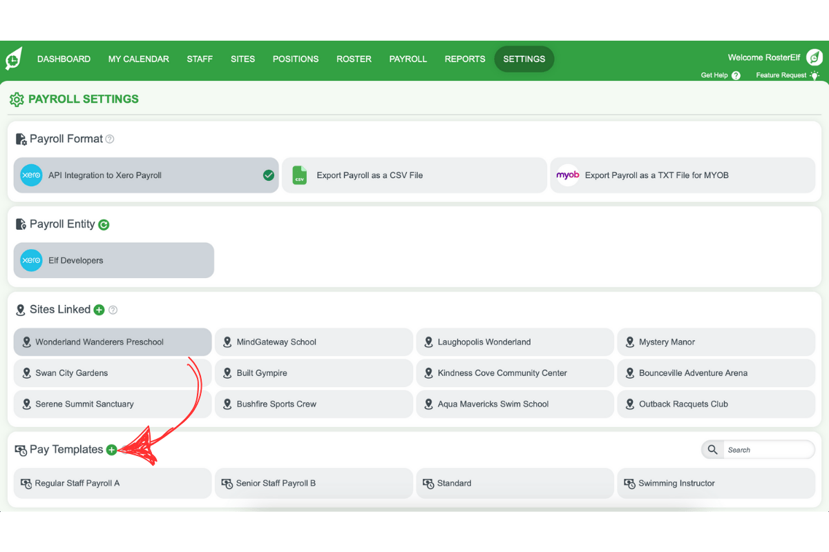 Screenshot showing the green plus symbol for adding a new pay template