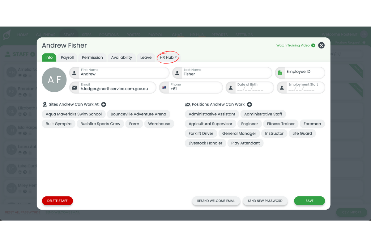 HR Hub dropdown option