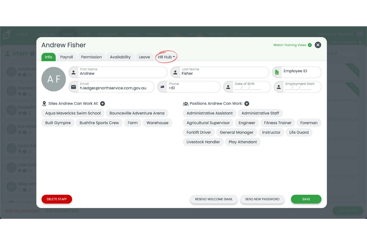 HR Hub dropdown option