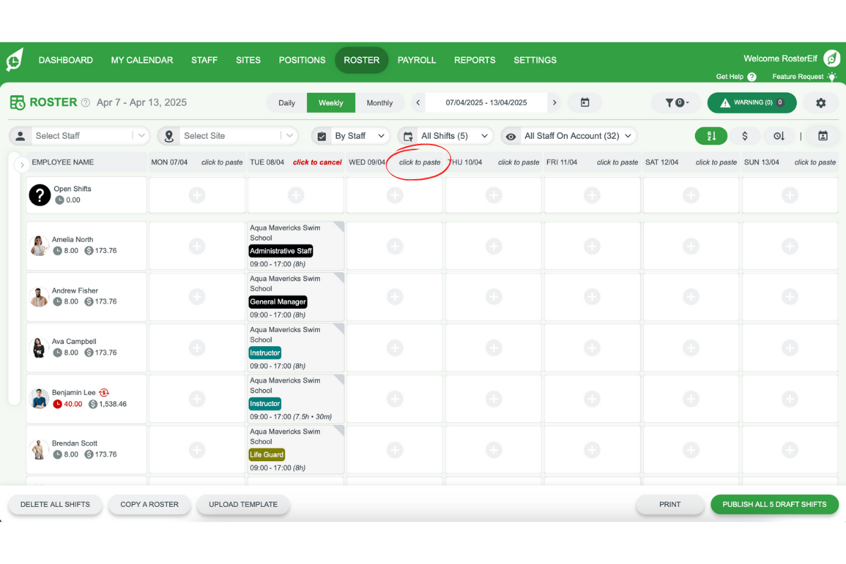 Screenshot displaying selection of a target day to paste shifts in RosterElf