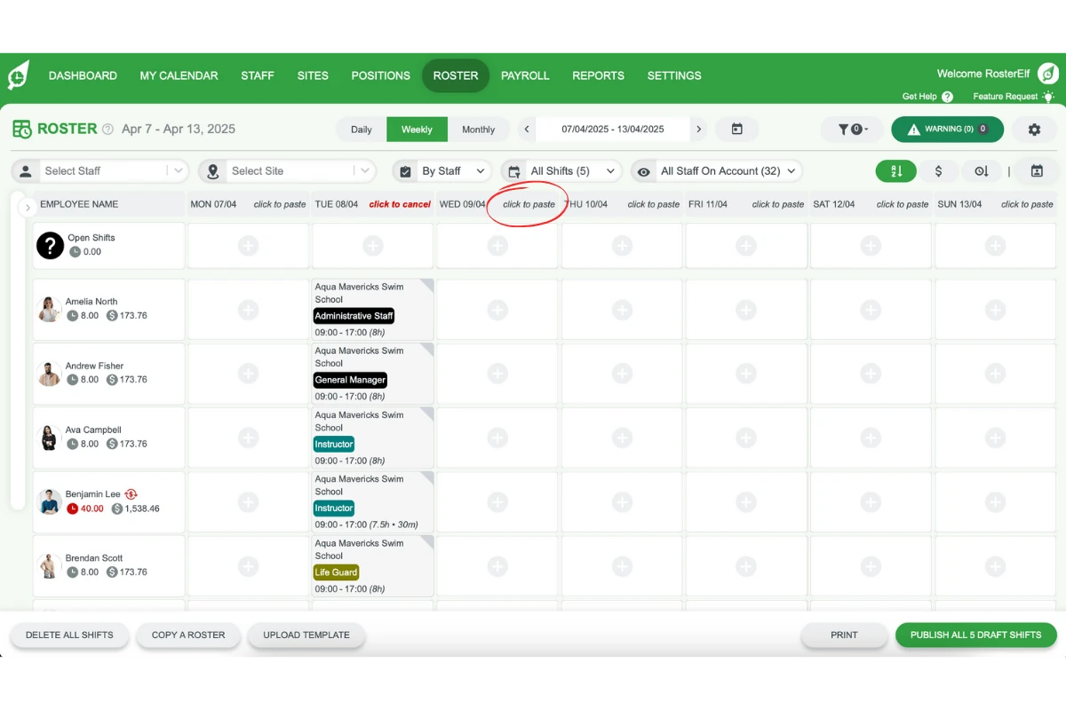 Screenshot displaying selection of a target day to paste shifts in RosterElf