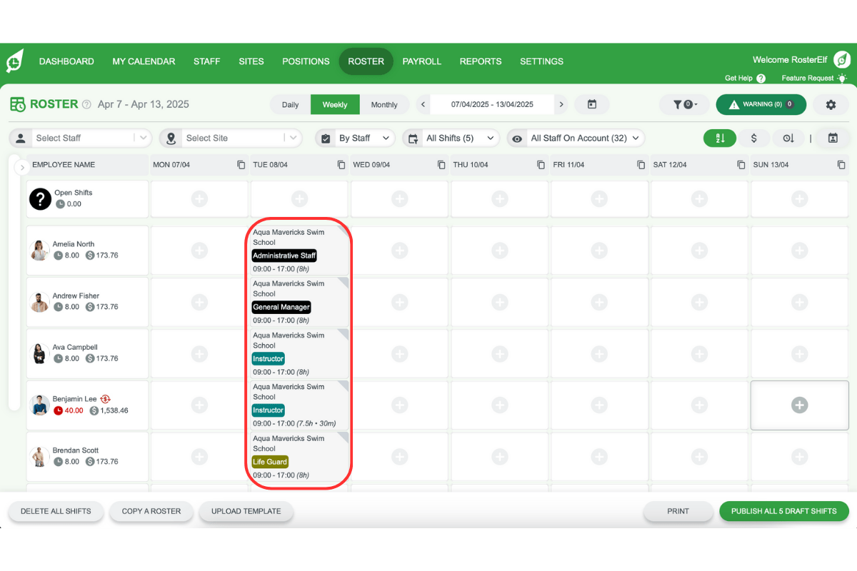 Screenshot of RosterElf roster with shifts added for a specific day