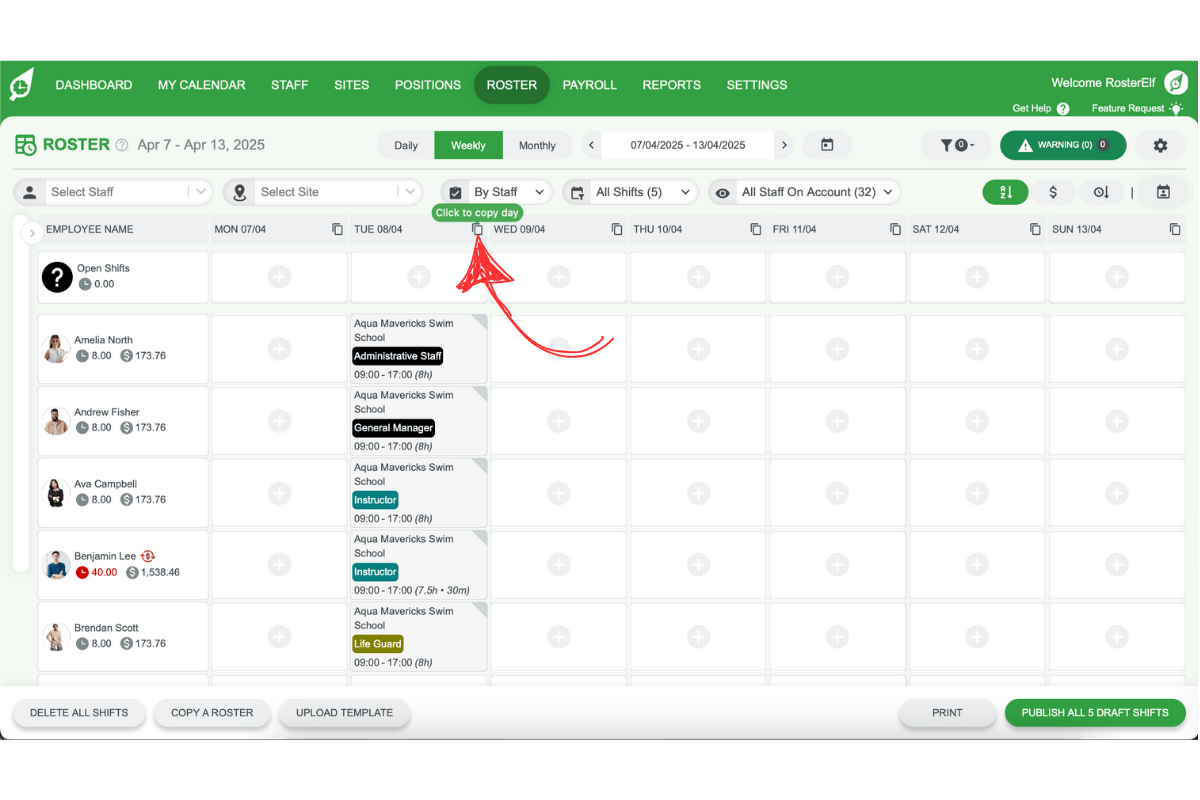 Screenshot of the copy shifts option in RosterElf’s day view