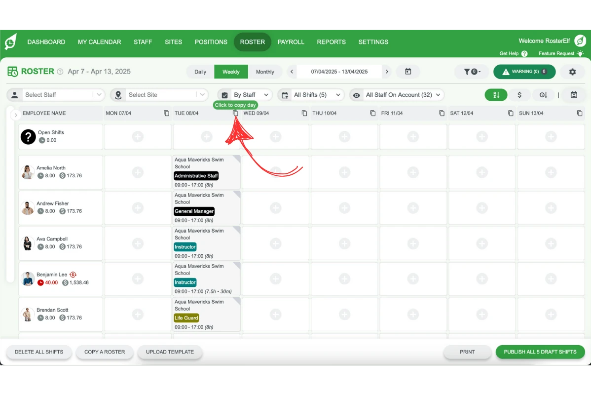 Screenshot of the copy shifts option in RosterElf’s day view