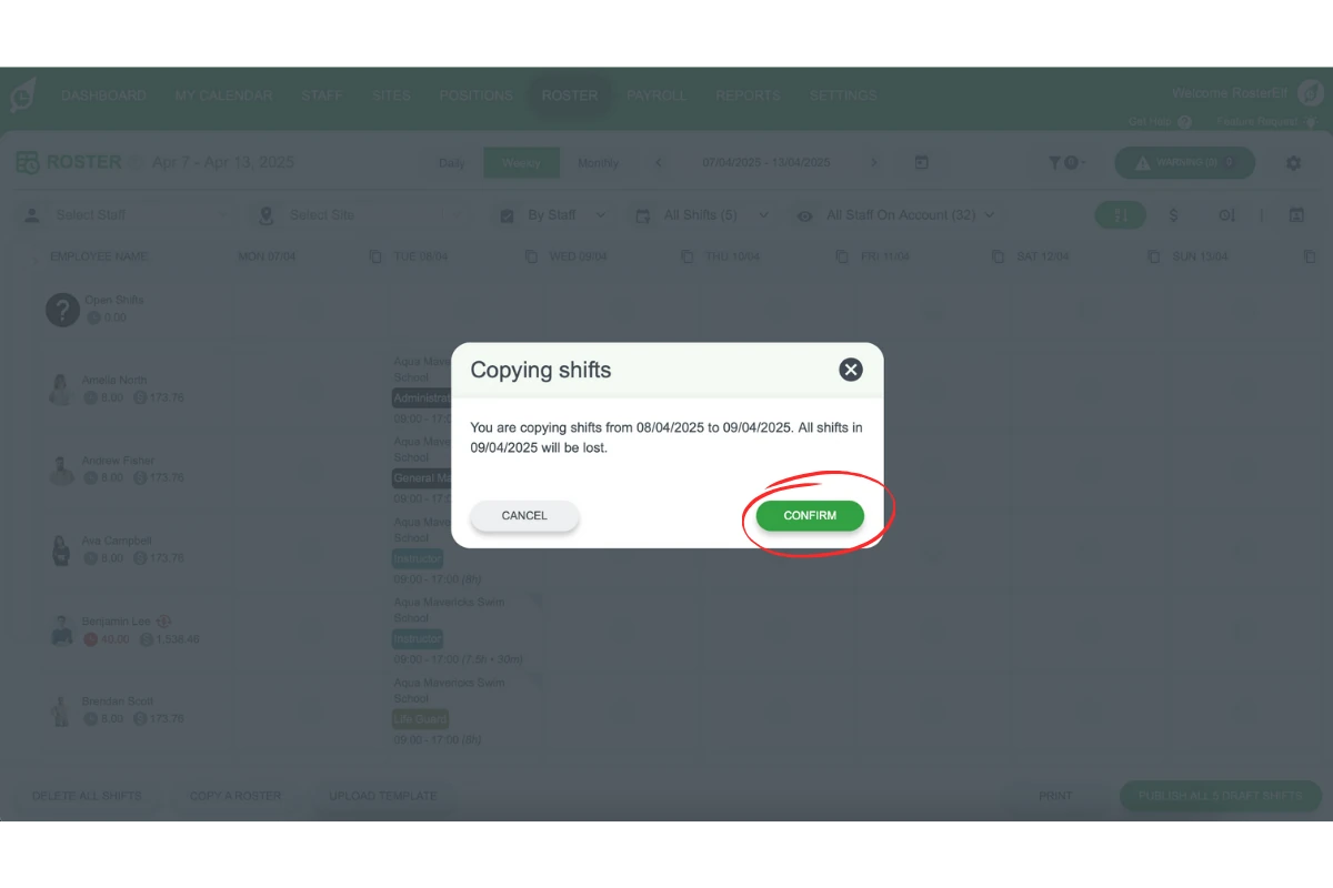 Screenshot showing the confirmation process for pasting shifts in RosterElf